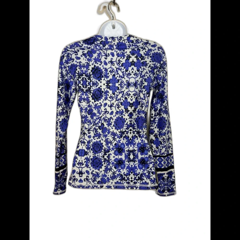Nanette Lepore Blue Floral Long Sleeve Quarter Zip Rash Guard Swim Top sz M